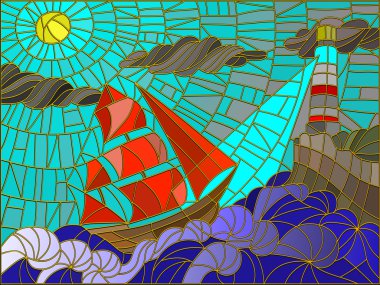 Abstract landscape with a sailboat against the sky, waves and glowing beacon. Color version