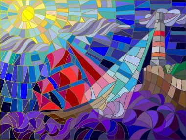Abstract landscape with a sailboat against the sky, waves and glowing beacon. Color version