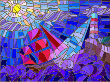 Abstract landscape with a sailboat against the sky, waves and glowing beacon. Color version