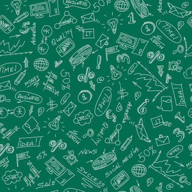 Seamless pattern on the theme of business and work in white on a green background