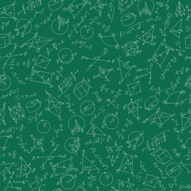 Seamless pattern on the theme of learning and geometry white on a green background with formulas and graphs