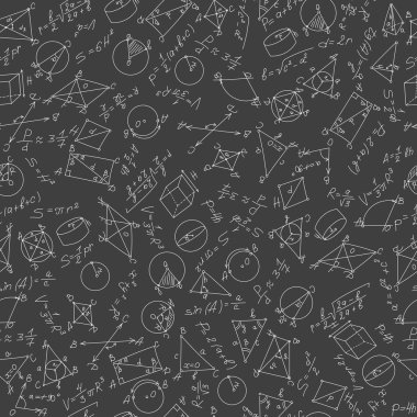 Seamless pattern on the theme of learning and geometry white on a dark background with formulas and graphs