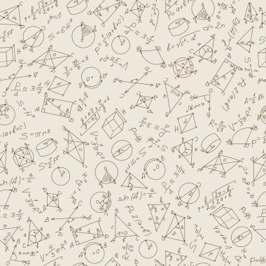 Seamless pattern on the theme of learning and geometry with formulas and graphs in sepia