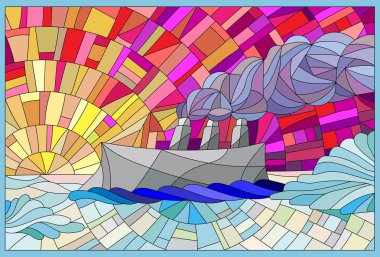Abstract landscape in the style of stained glass with the steamer on a sky background, ice and sun. Multicolored version
