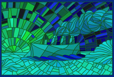 Abstract landscape in the style of stained glass with the steamer on a sky background, ice and sun. Green and blue version