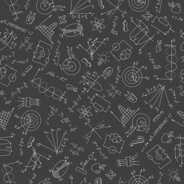 Seamless pattern with formulas,graphs, and equipment n a topic of physics of white on a dark background
