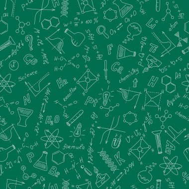 Seamless pattern with formulas,graphs, and equipment as the theme of chemistry in white on a green background