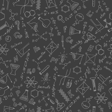 Seamless pattern with formulas,graphs, and equipment as the theme of chemistry in white on a dark background