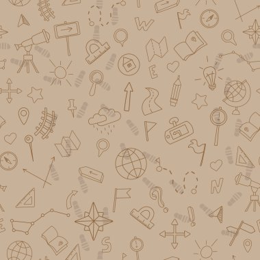 Seamless pattern with hand drawn signs on the theme of geography and travel, sepia
