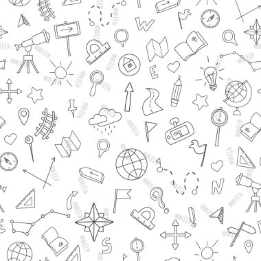 Seamless pattern with hand drawn signs on the theme of geography and travel, black contour on white background