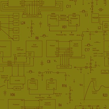 Seamless background with elements of electronic circuits, in the style of technical documentation , brown contour on a light green background