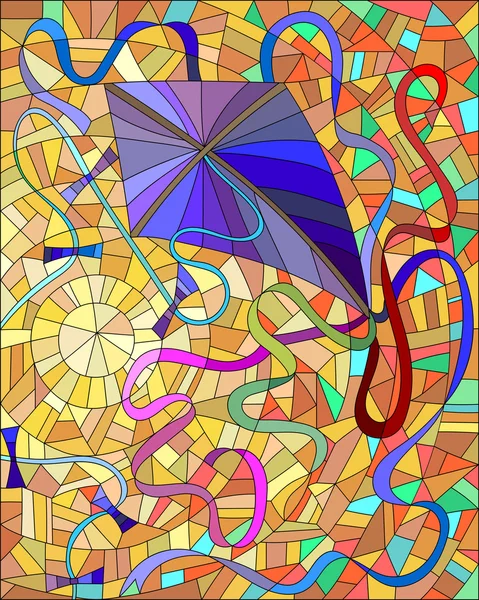 Purple kite with colorful ribbons in the sun and orange sky in the stained glass style — 스톡 벡터