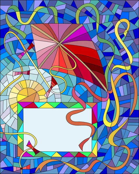 Red kite with colorful ribbons in the sun and blue sky in the stained glass style — 스톡 벡터