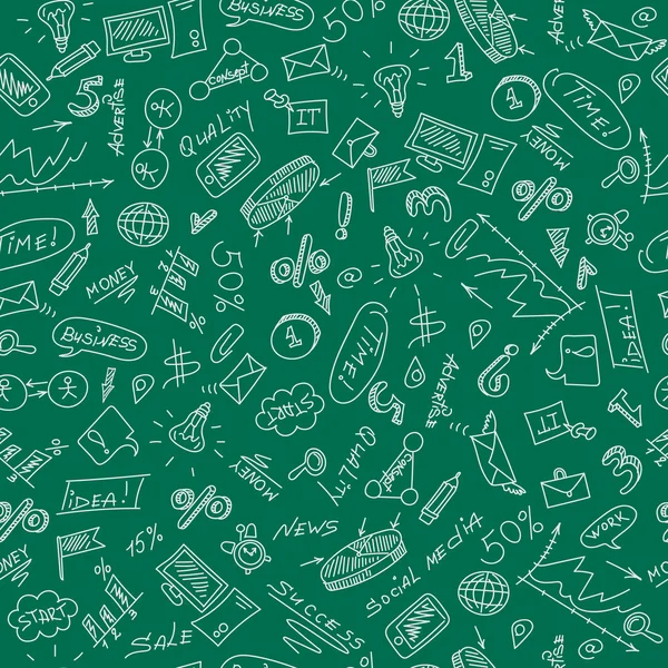 Seamless pattern on the theme of business and work in white on a green background — Stok Vektör