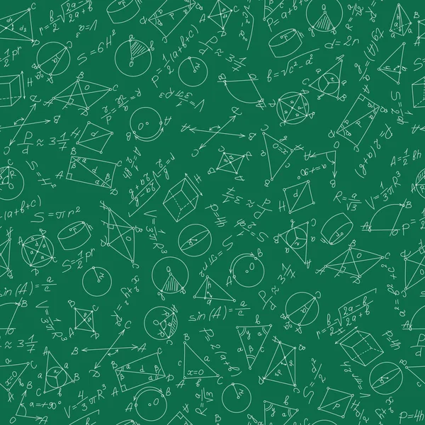 Seamless pattern on the theme of learning and geometry white on a green background with formulas and graphs — Stockový vektor