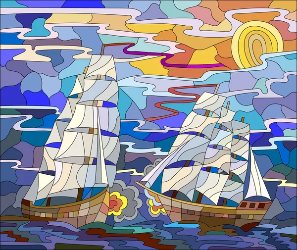 Seascape in the stained glass style battle with two sailboats in the sky and orange sunset — ストックベクタ