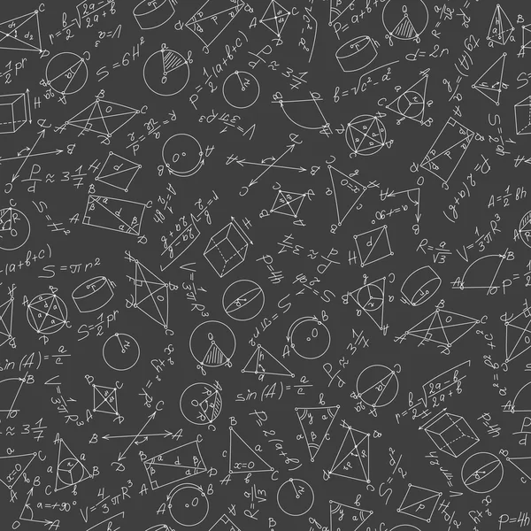 Seamless pattern on the theme of learning and geometry white on a dark background with formulas and graphs — Wektor stockowy