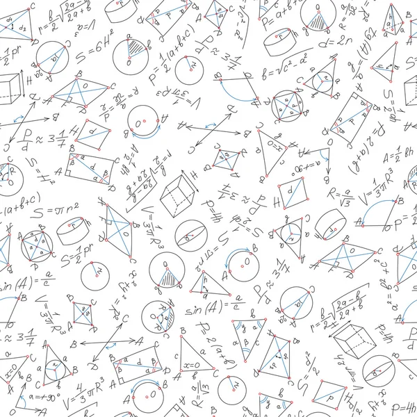 Patrón sin costuras sobre el tema de aprendizaje y geometría en marcador negro sobre fondo blanco con fórmulas y gráficos — Archivo Imágenes Vectoriales