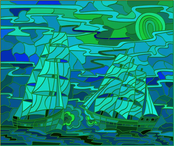 Seascape na batalha estilo vitral com dois veleiros no céu e pôr do sol — Vetor de Stock