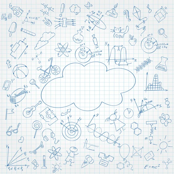 The background image of the exercise book in a cage with fields and pen drawings on the theme of the beginning of the school year and education — 图库矢量图片