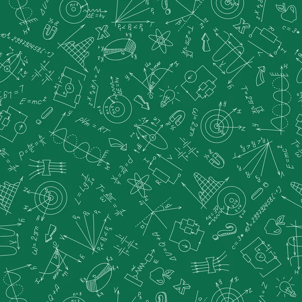 Patrón sin costuras con fórmulas, gráficos y equipos n un tema de física de blanco sobre un fondo verde — Vector de stock