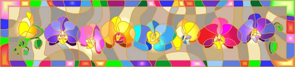 Horizontal background in the stained glass style with colorful orchids — 스톡 벡터