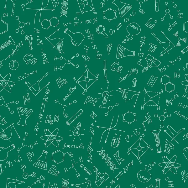 Patrón sin costuras con fórmulas, gráficos y equipos como tema de química en blanco sobre fondo verde — Vector de stock
