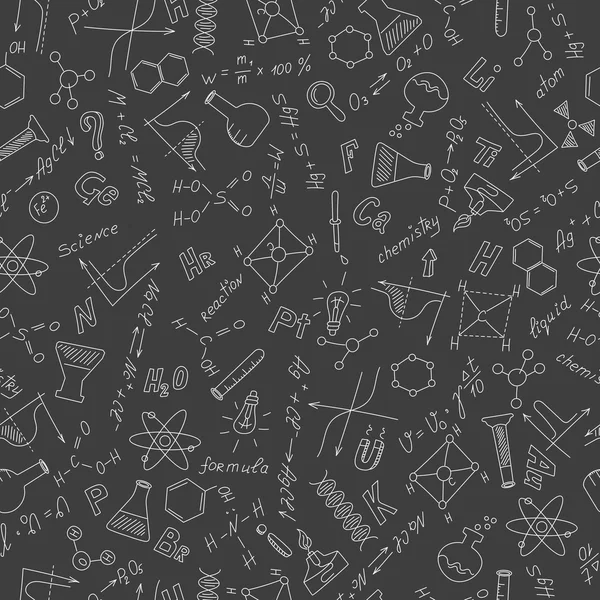 Seamless pattern with formulas,graphs, and equipment as the theme of chemistry in white on a dark background — Stok Vektör