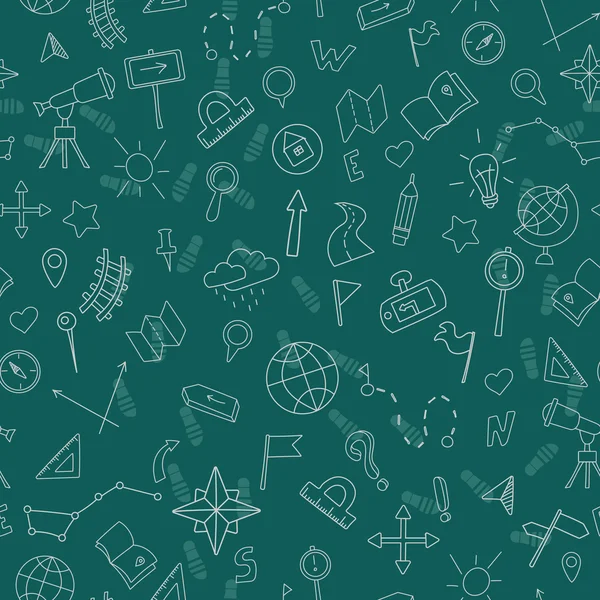Seamless pattern with hand drawn signs on the theme of geography and travel, white contour on green background — Wektor stockowy