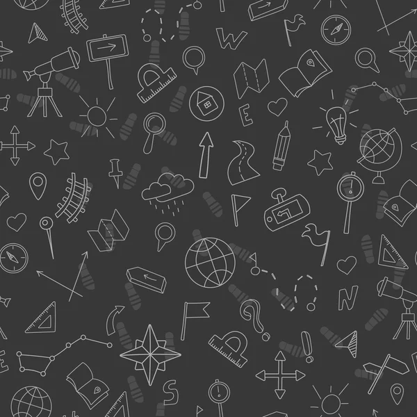 Seamless pattern with hand drawn signs on the theme of geography and travel, white contour on dark background — Wektor stockowy