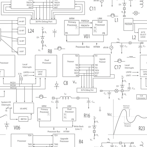 Fondo sin fisuras con elementos de circuitos electrónicos, en el estilo de la documentación técnica, contorno de luz sobre un fondo verde — Vector de stock