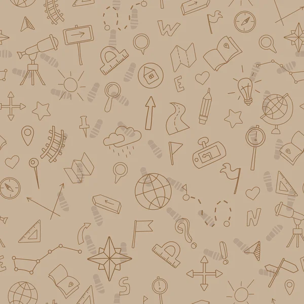 Seamless pattern with hand drawn signs on the theme of geography and travel, sepia — Wektor stockowy