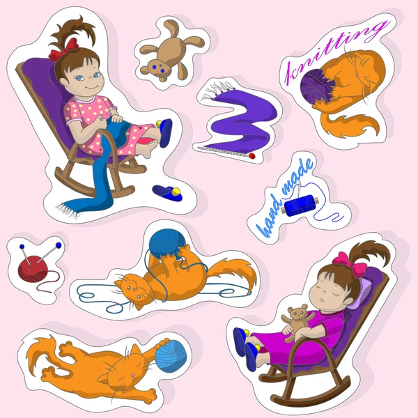 A set of colored stickers with a girl and a cat — Stockvector
