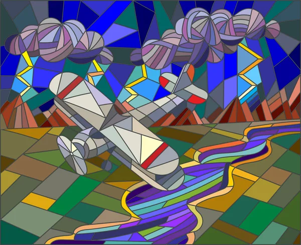 The landscape in the stained glass style with the aircraft on the background of a stormy sky — Stockvector