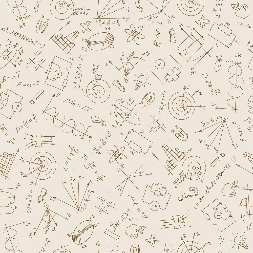 Seamless pattern with formulas,graphs, and equipment as the subject of physics in sepia