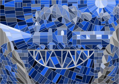 Vitray-stil buharlı lokomotif gökyüzü, ay ve asma köprü manzara