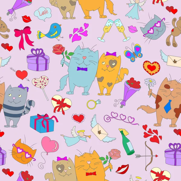 Fondo sin costuras con gatos e iconos dibujados a mano sobre el tema del día de San Valentín sobre un sustrato rosa — Vector de stock