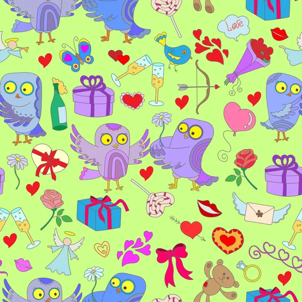Бесшовный узор с нарисованными вручную совами и иконами на тему Дня Святого Валентина на зеленом подложке — стоковый вектор