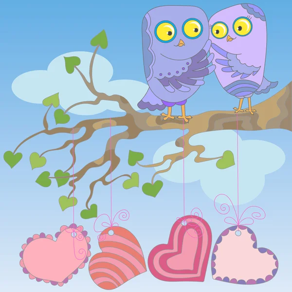 Love owls sit on a tree branch on blue sky background — Stock Vector