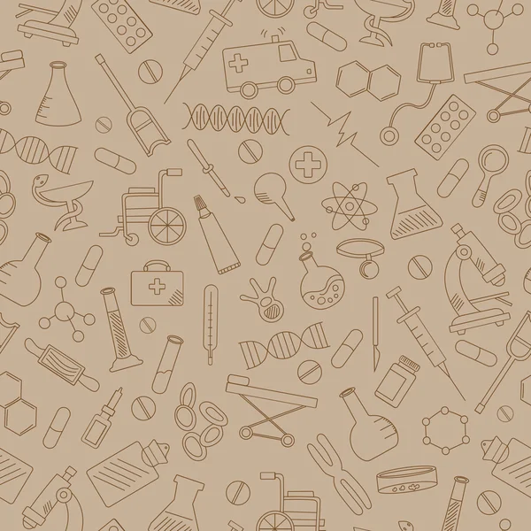 Patrón sin costuras con iconos dibujados a mano sobre un tema medicina y salud, contorno marrón sobre un fondo beige — Vector de stock