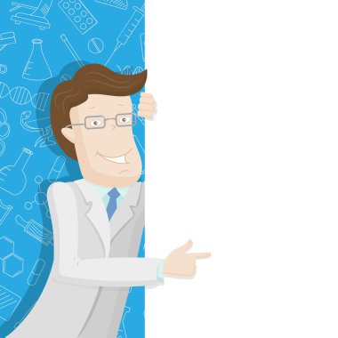 Mavi bir arka plan boş bir afiş ile kutsal kişilerin resmi Tema tıp laboratuvar önlüğü içinde erkek doktor Puan