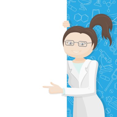 Mavi bir arka plan boş bir afiş bir tema ilaç simgeleri ile kadın doktor önlük içinde Puan