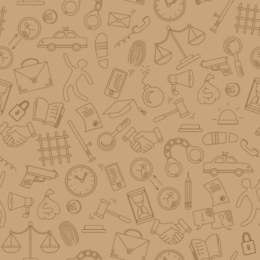 Seamless pattern with hand drawn icons on the theme of law and crimes, brown contour on a beige background clipart