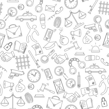 Seamless pattern with hand drawn icons on the theme of law and crimes, black contour on white background clipart