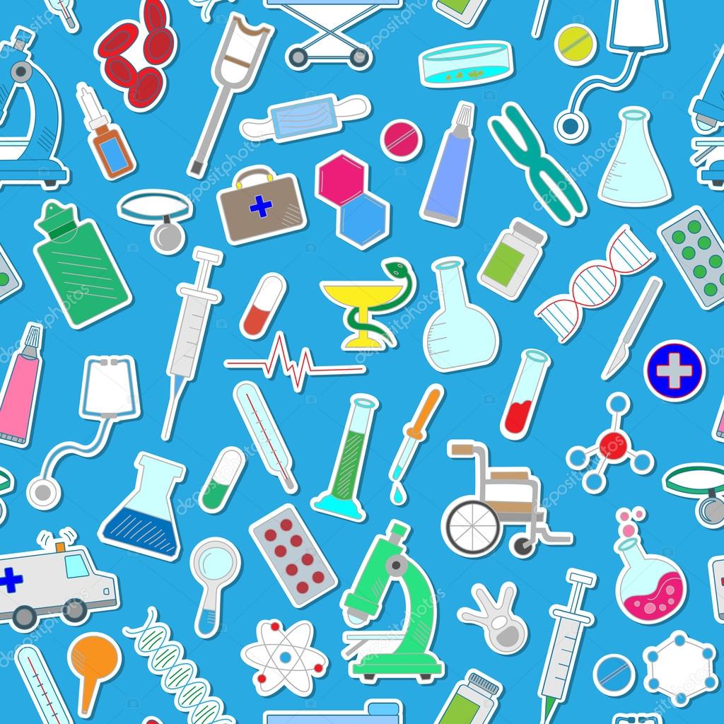 Modello senza cuciture con icone disegnate su una medicina di tema Modello senza cuciture con icone disegnate su una medicina di tema e salute adesivi colorati