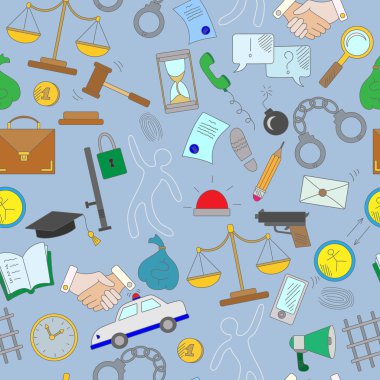 El ile Seamless Modeli hukuk ve suç, mavi bir arka plan üzerinde tema simgeleri çizilmiş