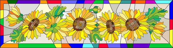 Ilustração colorida em estilo vitral com flores, folhas e botões do girassol —  Vetores de Stock