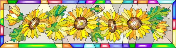 Colorful illustration in stained glass style with flowers, leaves and buds of the sunflower — Stock Vector