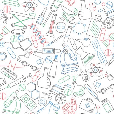 Bir tema tıp ve sağlık, beyaz arka plan üzerinde renkli marker basit simgeler ile sorunsuz arka plan