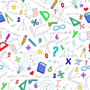 Formüller ve matematik ve eğitim, beyaz arka plan üzerinde renkli simgeler konu listeleri ile sorunsuz arka plan